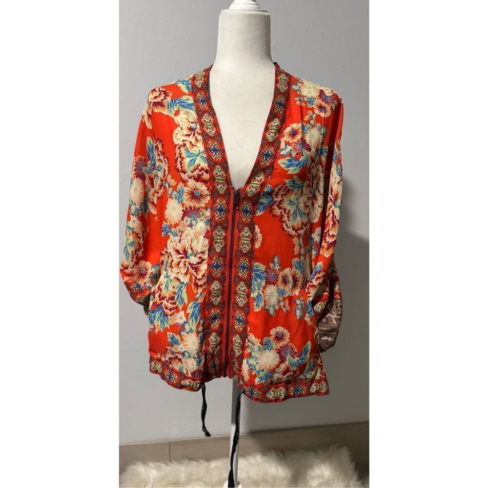 Free People floral print mix print chiffon zip front cinch tie  on hem Xs/S jack - Picture 8 of 9